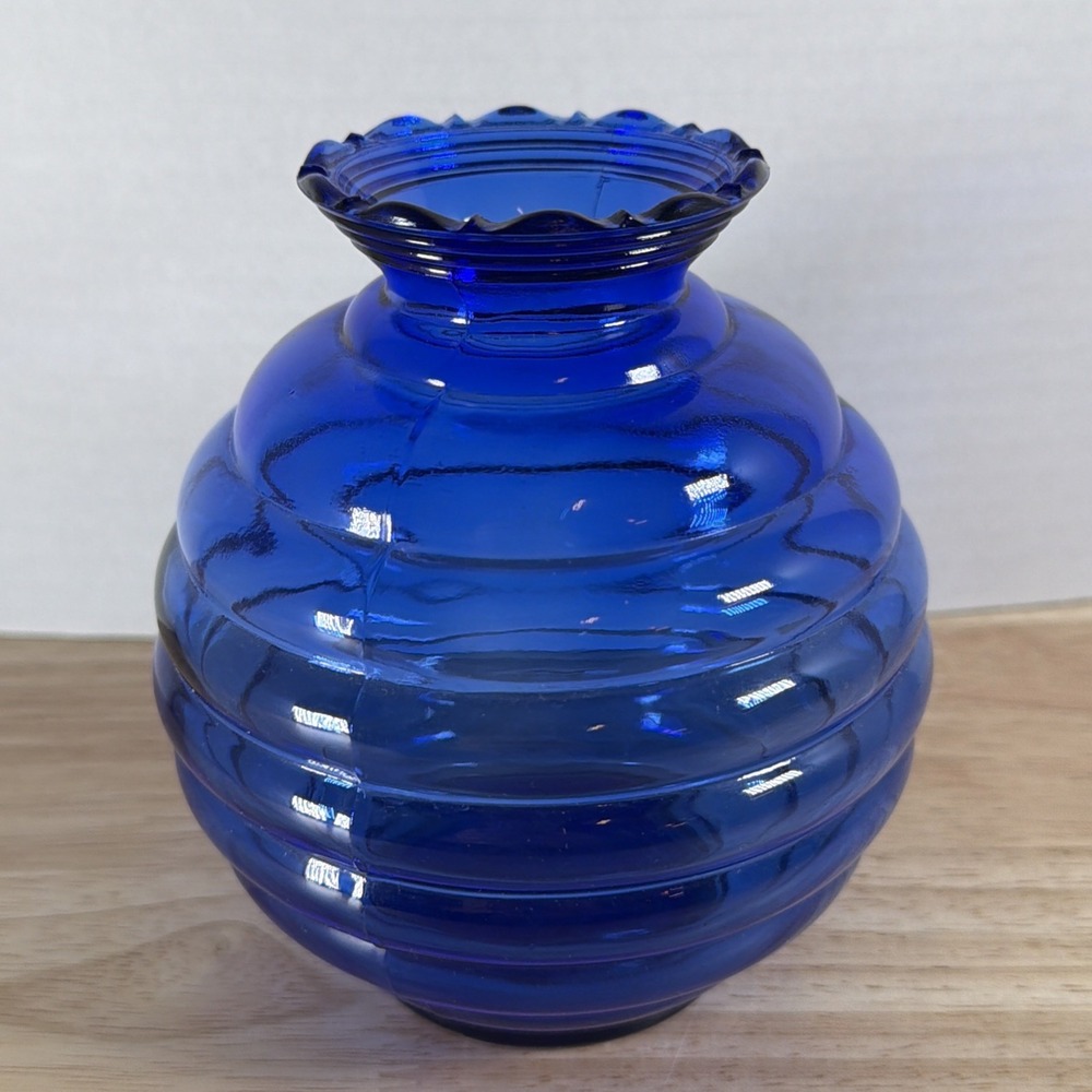 Vtg Cobalt Blue Ribbed Beehive Round Glass Vase 5" USA Rose Bowl